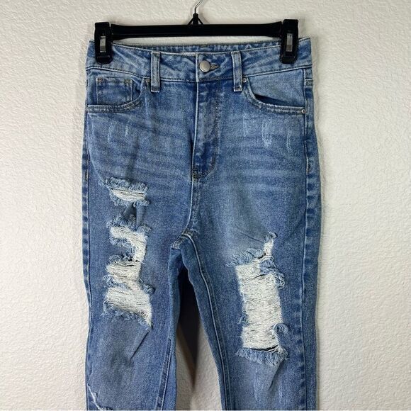 Tinseltown Womens Distressed Jeans Medium Wash Denim Stretch Hi Rise Blue Size 3 - Picture 2 of 7